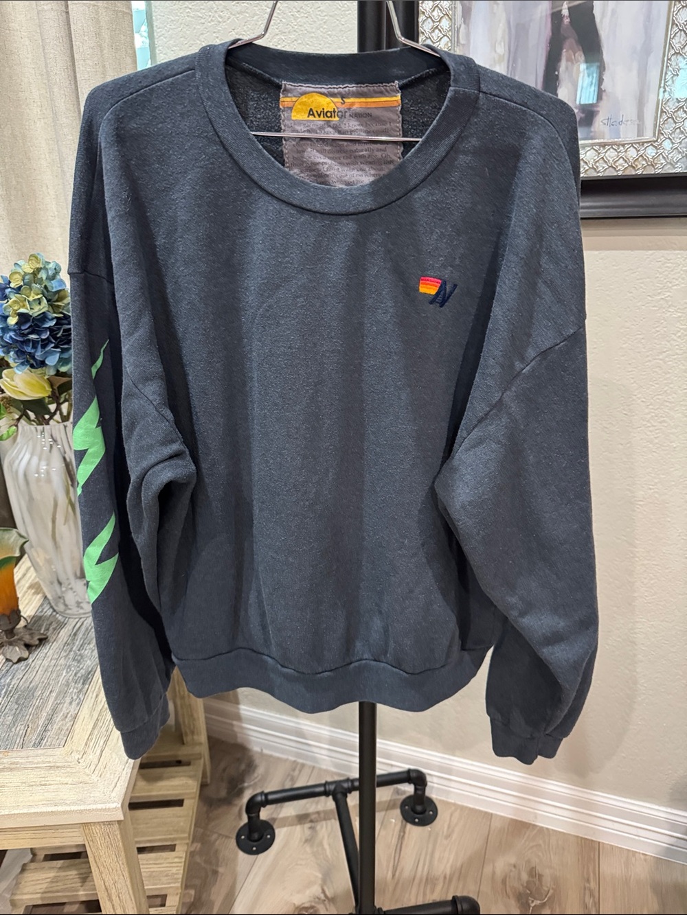 Aviator Nation Dark Charcoal Crewneck Sweatshirt with Lime Sleeve Accent